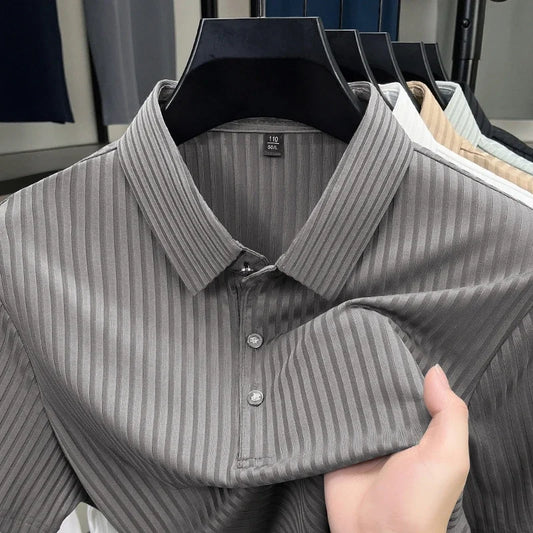 2025 New Men's Casual Fashion Striped Short Sleeved Collar Polo Shirt Breathable and Comfortable Summer Versatile T-shirt
