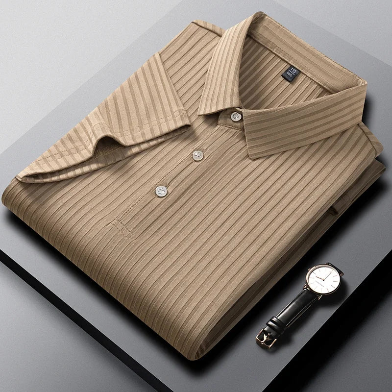 2025 New Men's Casual Fashion Striped Short Sleeved Collar Polo Shirt Breathable and Comfortable Summer Versatile T-shirt