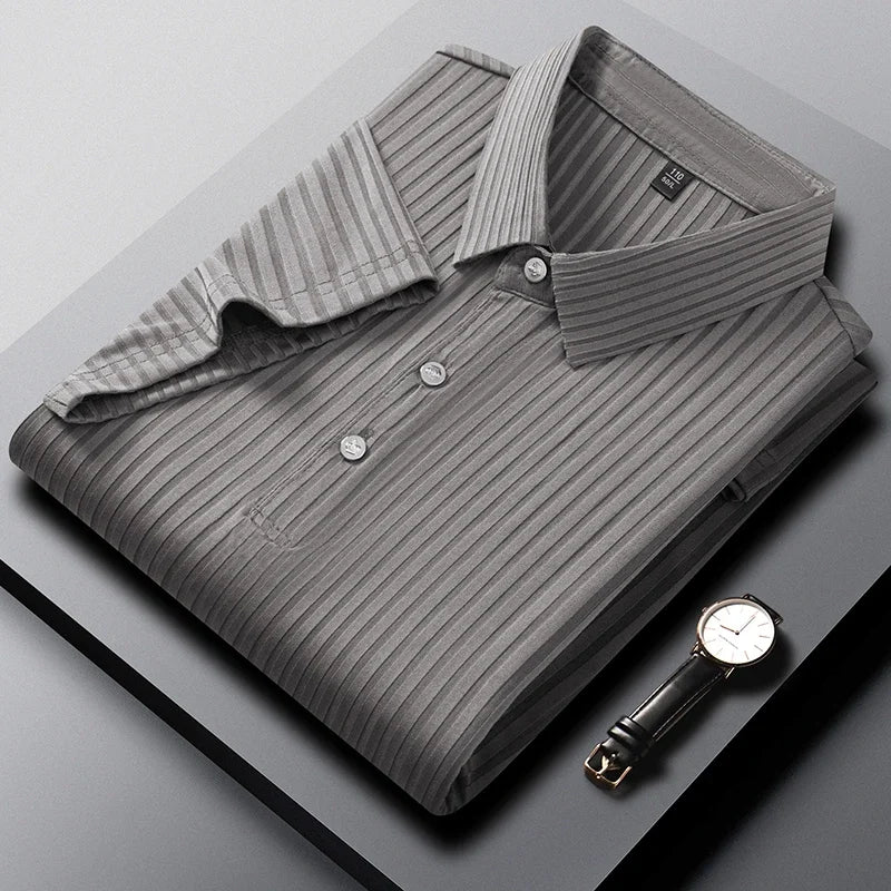 2025 New Men's Casual Fashion Striped Short Sleeved Collar Polo Shirt Breathable and Comfortable Summer Versatile T-shirt