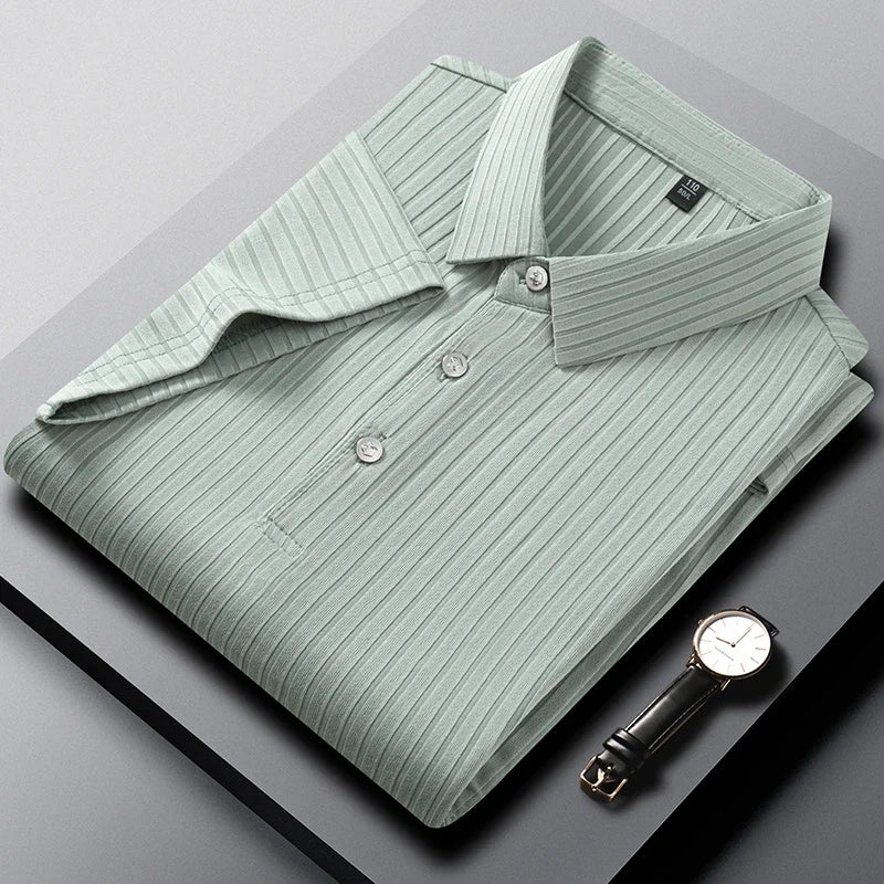 2025 New Men's Casual Fashion Striped Short Sleeved Collar Polo Shirt Breathable and Comfortable Summer Versatile T-shirt